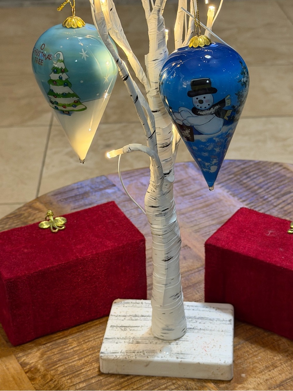 Pier 1 Imports Christmas Ornaments, Set of 2, Snowman & Christmas Tree, Gift Box